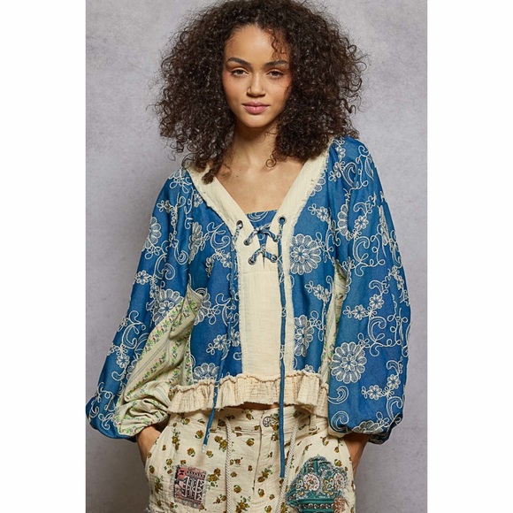 POL OVERSIZED BALLOON SLEEVE WOVEN BLUE RUFFLE TOP! - Picture 3 of 6